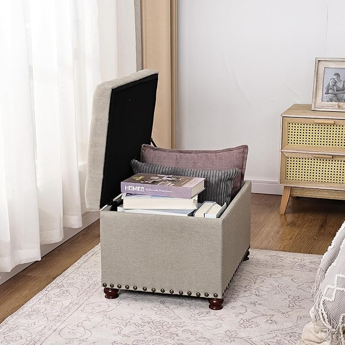 Decent Home Storage Ottoman, 24" Linen Fabric Rectangle Bench Foot Rest Stool, Fabric Footrest Ottomans with Storage, Storages Seats for Living Room, Bedroom, Office