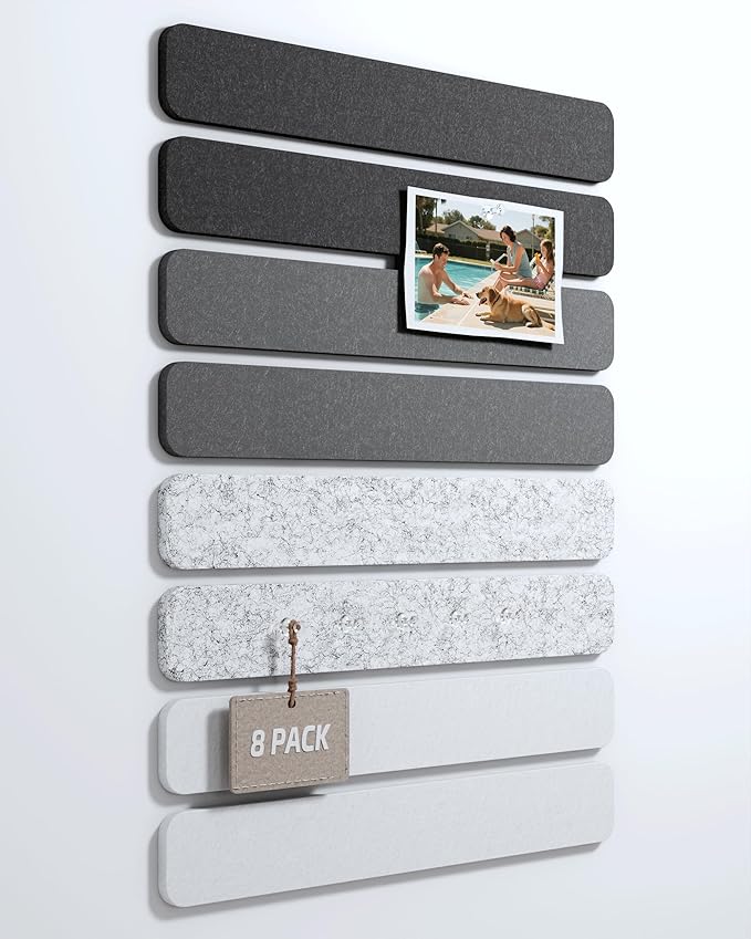 Fluxynara Cork Board Alternative Felt Strip Board 8-Pack 13"x2", Office Pin Board with 50 Push Pins, Adhesive Install for Bedroom Door & Home Office(Concrete Echo)