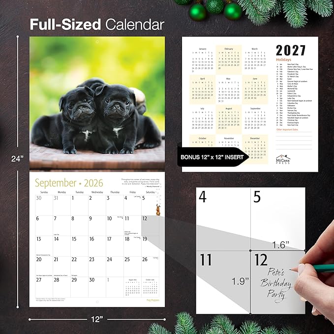 MICASA PRESS Pug Puppies 2026 Wall Calendar 12 Month | 12" x 24" Open | Thick & Sturdy Paper | Holiday Gift | Cute Puppy Dog Calendar 2026