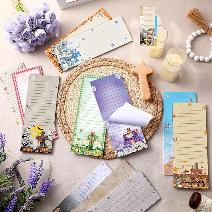 Eaasty 12 Pcs Seasonal Holiday Magnetic Notepads for Refrigerator Cross Monthly Magnetic Grocery List 9 x 3.5" Magnet Memo Pads 30 Sheet Per Pad Shopping to Do List for January to December