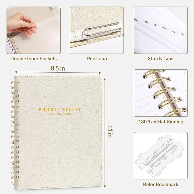 SUNEE 2026 Planner 8.5" x 11" – Dated Productivity Planner for Time Management - Daily,Weekly & Monthly Planner to Achieve Goals - Planner 2026 dated from January 2026 – December 2026,Beige