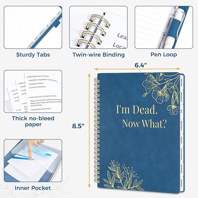 SUNEE End of Life Planner - I‘m Dead Now What Planner, Large Print Spiral-Bound Estate Organizer with Tabs for Seniors & Family. Covers Final Wishes, Passwords & Funeral Planning.A5 (6.4”x8.5“), Blue