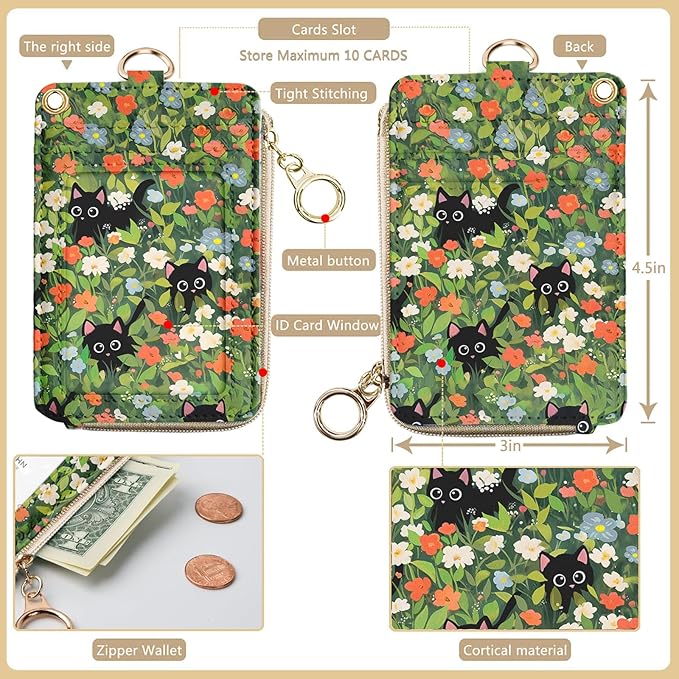 bolimoss Cute 2-in-1 ID Badge Holder & Lanyard Wallet, Black Cat Floral Wallet with Removable Wristlet & Neck Lanyard, Clear Window, 5 Card Slots, 1 Side Zipper Pocket, Ring Keychain