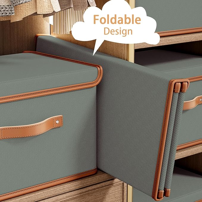 Tuza 4 Pack Storage Bins with Lids, Collapsible Closet Organizer Container, Fabric Organizer Box with Handles, Decorative Storage Boxes with Lids for Organizing Clothes, Blanket, Grey, Extra Large