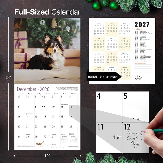 MICASA PRESS Shetland Sheepdogs 2026 Hangable Monthly Wall Calendar | 12" x 24" Open | Thick & Sturdy Paper | Holiday Gift | Cute Sheltie Puppy Dog Calendar 2026