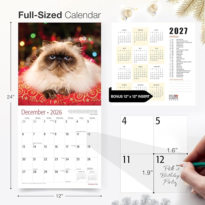 RED EMBER Himalayan Cats 2026 Wall Calendar 12 Month | 12" x 24" Open | Thick & Sturdy Paper | Holiday Gift | Cute Kitten Cat Calendar 2026