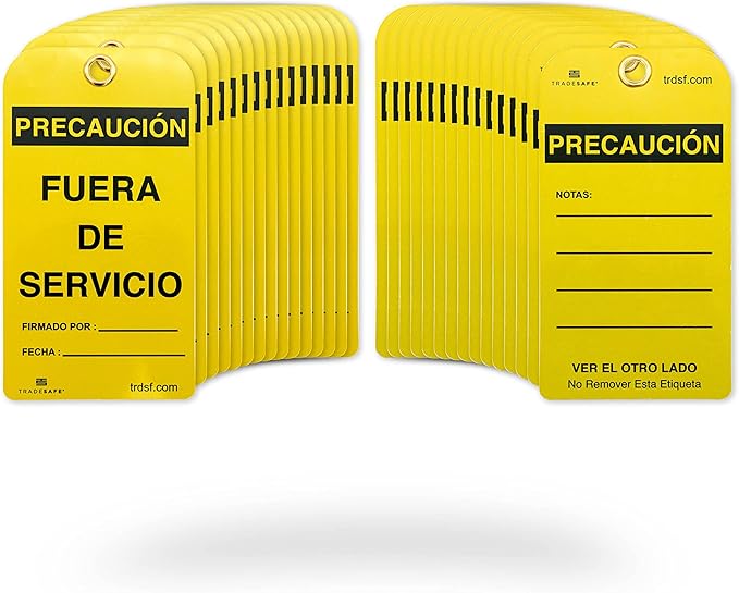TRADESAFE Spanish Out of Service Tags, Fuera de Servicio - 30 Yellow Caution Sign with 30 Cable Ties, Durable 32 mil Vinyl, Caution Tags for Equipment Repair or Service, Accident Prevention