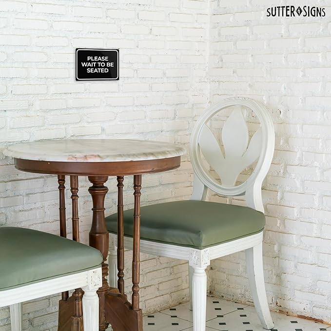 Please Wait to Be Seated Sign 7" x 5" | Small Black Plastic Sign with Full Adhesive Backing for Restaurant Hostess Host Waiting Area