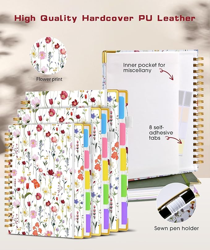 Hardcover Spiral Notebook 8.5"x11" Journal with Removable Dividers Tabs, 300 Pages Leather 5 Subject Notebook College Ruled, Large A4 Notebooks for Work School, Journal for Women, A4 Flower white