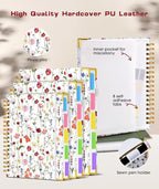 Hardcover Spiral Notebook journal with Removable Dividers Tabs, 300 Pages Leather 5 Subject Notebook College Ruled, 100GMS Notebooks for Work School Note taking,Lined Journal for Women,A5-Flower white