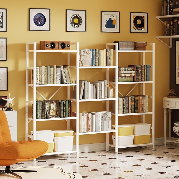 SUPERJARE Triple 4 Tier Bookshelf, Bookcase with 11 Open Display Shelves, Wide Book Shelf Book Case for Home & Office, White