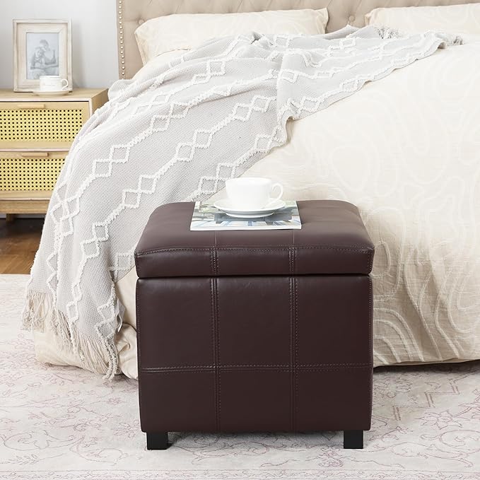 Homebeez Faux Leather Lift Top Storage Ottoman Bench with Solid Wood Frame & Tufted PU - 17.3 Inch Cube Footrest, Seat, with Metal Hinges for Living Room, Bedroom, Dorm | Coffee Brown