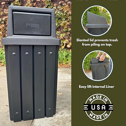 Campus Collection 32 Gallon Square Slatted 100% Recycled Plastic Heavy-Duty Commercial Outdoor or Indoor Trash Can with Push Top Lid | Great for Schools and Businesses - Brown Granite