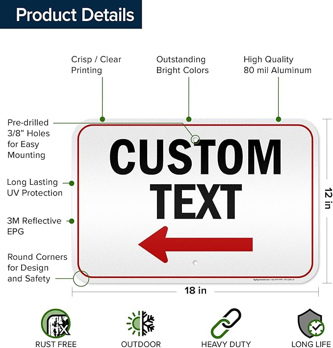 Custom Arrow Directional Sign, Left Arrow, 12x18 Inches, 3M EGP Reflective, Rust Free .063 Aluminum, Fade Resistant, Made in USA by My Sign Center