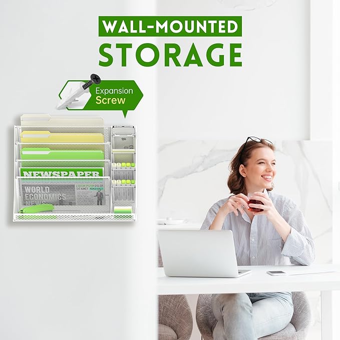 SUPEASY Wall File Organizer, 5-Tier office wall organizer with 4 Pen Holders, Wall Organizer for Office with R-shaped Bottom Tray, Metal Desk Organizer for Office, School, Home, White