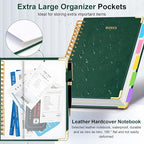 Hardcover Spiral Notebook 8.5"x11" Journal Notebook with Tabs and Removable Dividers 300 Pages 5 Subject Notebook College Ruled, Faux Leather Spiral Bound Notebook for Women School Work(Green)
