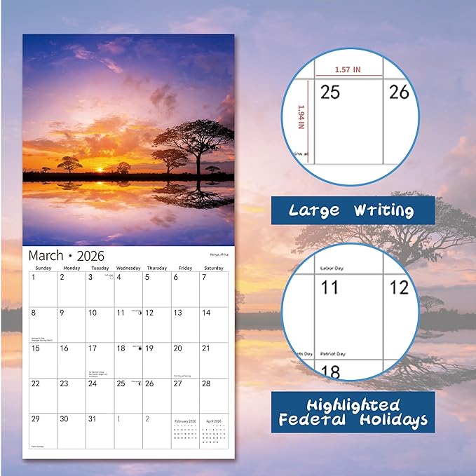 2026 Wall Calendar,Calendar 2026, November 2025 - December 2026, Wall Calendar Sunset, 12" x 24" Opened,Full Page Months Thick & Sturdy Paper for Calendar Organizing & Planning
