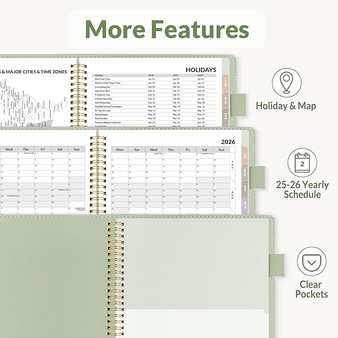 SUNEE 2026 Weekly & Monthly Planner 6.4"x8.5"- 12 Month (January 2026 - December 2026), Vegan Leather Cover, Pocket, Bookmark, Notes, Monthly Tab, Sage Green