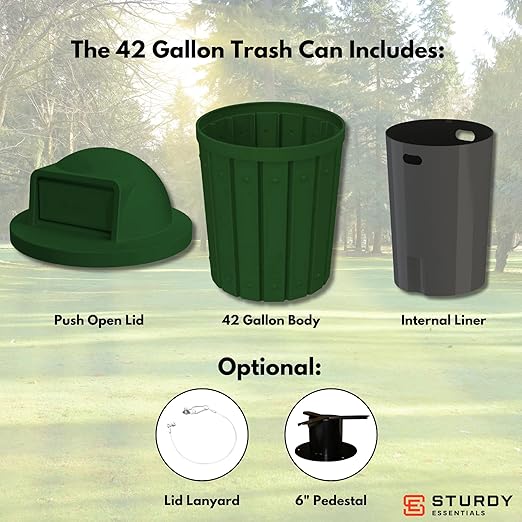 Sturdy Essentials Campus Collection 42 Gallon Slatted Round Heavy-Duty Commercial Outdoor and Indoor Trash Can with Push Open Dome Lid and Internal Liner | Great for Schools and Businesses - Green
