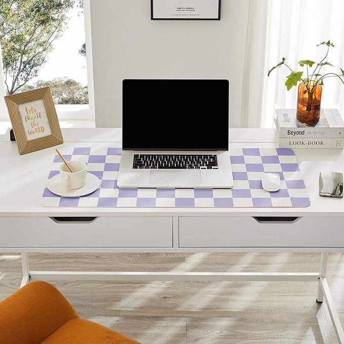 Ohocut Checkered Desk Mat, 31.5" x 15.7" Large Cute Purple Aesthetic Retro Girl Women Accessories, PU Leather Computer Laptop Mat Mouse Keyboard Pad, Desk Writing Makeup Mat for Vanity/Work/Home Decor