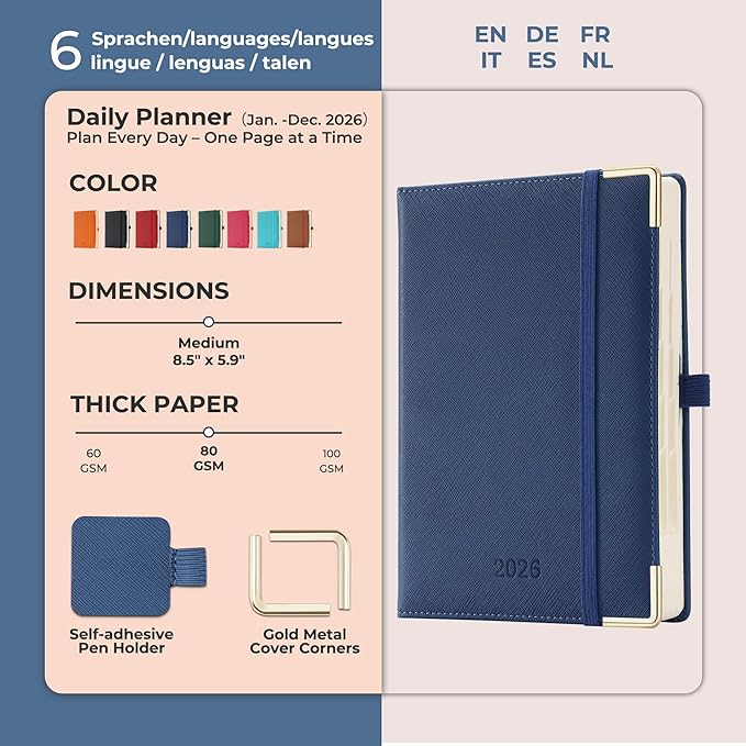 IN-luxpro Daily Planner 2026 with One Page Per Day,(A5-8.5" x 5.9"),12 Months Calendar Hourly Appointment Book Monthly Tabs & Self-adhesive Pen Holder,Inner Pocket, Vegan Leather Hardback,Blue
