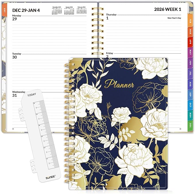 SUNEE 2026 Weekly and Monthly Planner - from January 2026 - December 2026, Daily Agenda Planner with Monthly Tab, Flexible Cover, Note Pages, Pockets, Bookmark, Spiral Binding, Vintage Floral, 6.4" x 8.3"