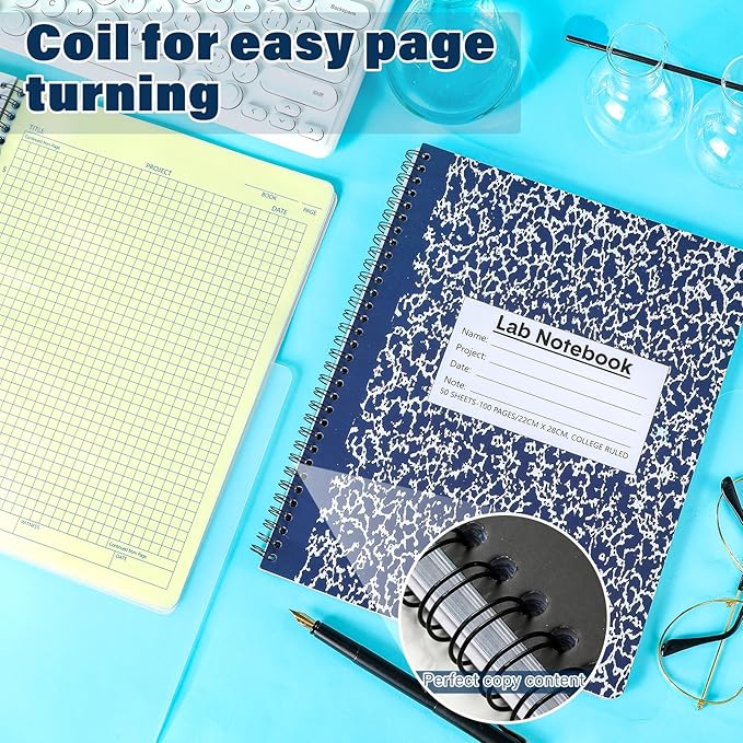 Affrolling 2 Pack Carbonless Lab Notebook Carbon Copy 8.5'' x 11'' 50 Set of Pages 100 Pages Total Laboratory Engineering Chemistry Computation Notebook Science Grid Total Coil Binding(Blue and White)