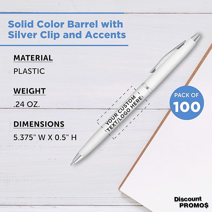 DISCOUNT PROMOS Custom Langham Ballpoint Ink Pen - Set of 100 Writing Pens for Work - Cool Pens for Writing, Black Ink, White