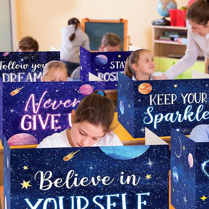 Affrolling 12 Pcs Inspirational Privacy Folders Bulk for Students Cardboard Privacy Boards Desk Divider Panel Waterproof Testing Divider for Classroom Back to School Study Supplies (Space)