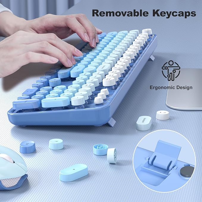 MOFII Wireless Keyboard and Mouse Combo, Full Size 2.4G Plug and Play Typewriter Retro Round Computer Keyboard and Mouse Set for Windows, Computer, Desktop, PC, Notebook - (Blue Gradient)