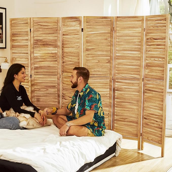 Room Dividers and Folding Privacy Screens, Wood Louvered Separators Divider Wall for Home Office Bedroom - 6 Panels, 67 * 90inch (Wood)