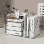 FANXIYQ 4-Tier Brown Acrylic Paper Tray Organizer for Desk + 2 Bookends – Stackable Letter Tray, Acrylic Desk Accessories/File Organizer, Office Paper Organizer