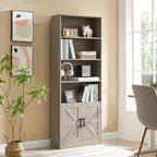 RWYHG 70in Tall Bookshelf 6 Tier Bookcase with Barn Doors and Adjustable Shelf, Oak Grey Farmhouse Book Shelves with Storage Cabinet, Wood Floor Standing Display Bookshelve for Bedroom, Living Room