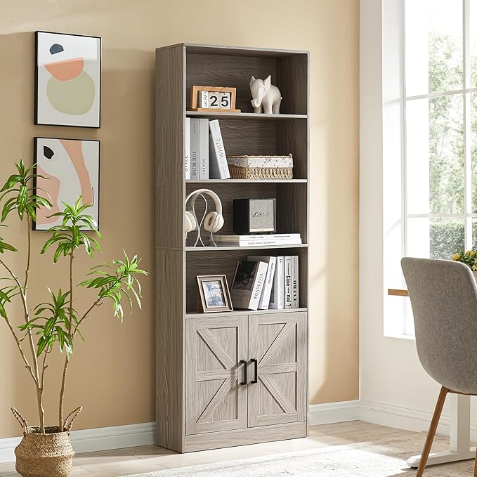 RWYHG 70in Tall Bookshelf 6 Tier Bookcase with Barn Doors and Adjustable Shelf, Oak Grey Farmhouse Book Shelves with Storage Cabinet, Wood Floor Standing Display Bookshelve for Bedroom, Living Room