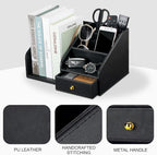 KINGFOM PU Leather Desk Organizer, Multifunction 6 Compartment Desk Organizers and Accessories for Office Supplies, Pen Pencil Holder/Book Mail Organizer Holder for Desk with Drawer(Black)