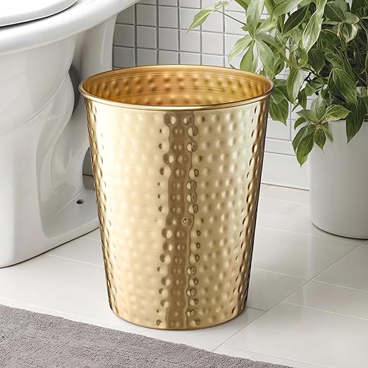 Monarch Abode Metal Bathroom Trash Can – Waste Basket for Bedroom, Office Desk, & Dorm, Hand Hammered, Durable Decorative Brushed Gold Small Trash Can Bathroom Garbage Bin Wastebasket