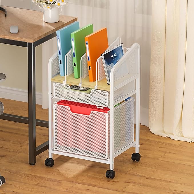 Rolling File Cabinet with Adjustable Dividers, Mobile Filing Cabinet with 2 Storage Drawers on Lockable Wheels, Hanging File Organizer Beside Under Desk for Office, Home, White（Patent Pending）