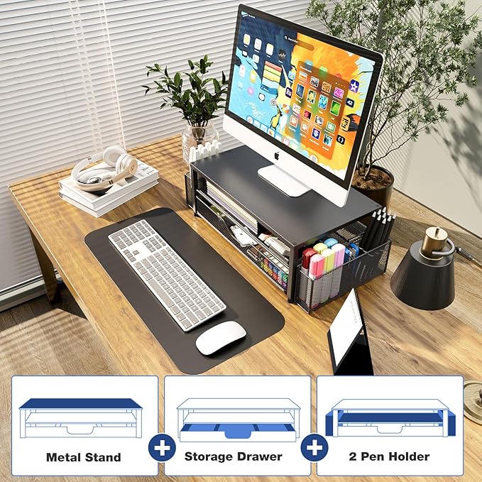 OPNICE Desk Organizer and Accessories, 2-Tier Computer Monitor Stand Riser with Drawer and 2 Pen Holders, Laptop Stand, Office Desk Accessories for Office Supplies, Black 2-Pack