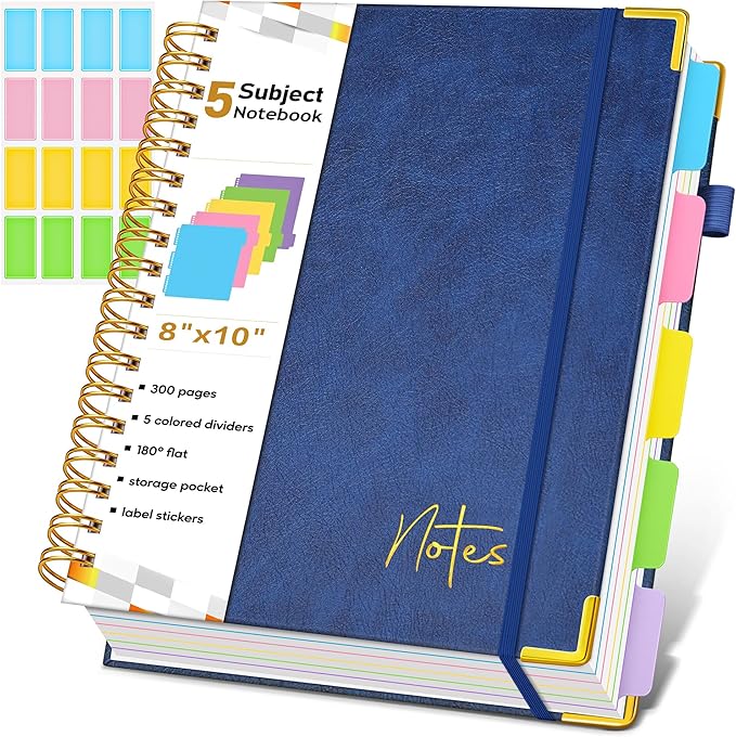 Spiral Notebook Journal with Removable Dividers Tabs, 300 Pages Hardcover Leather 5 Subject College Ruled Notebook, 8"x10" Large B5 Lined Journal for Women Men, Spiral Notebooks for Work School, Navy
