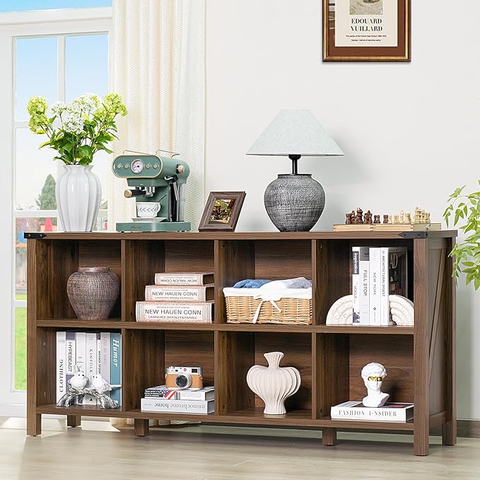 Joaxswe 8 Cube Book Shelf, Farmhouse Wood Long Storage Organizer Bookcase, 62" Horizontal Brown Walnut Console Closet Bookshelf, Hallway TV Stand for Entryway, Display Cabinet Book Case for Office