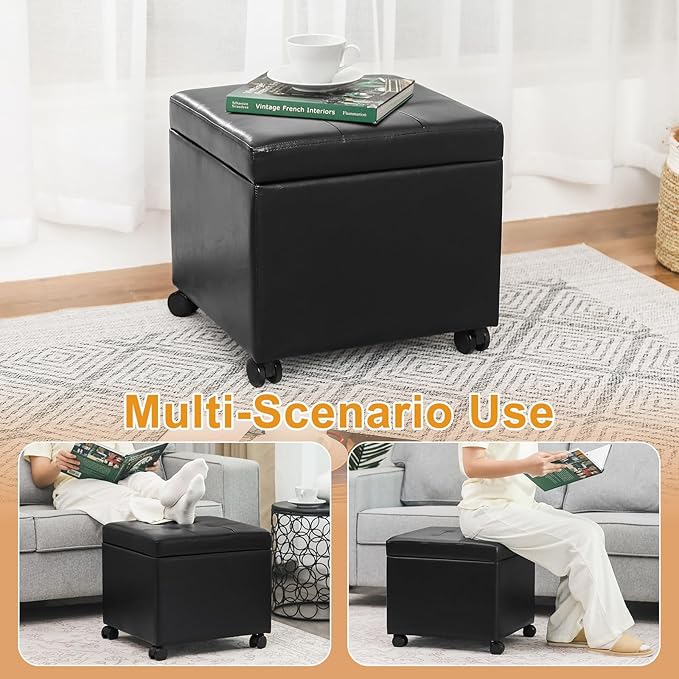 Homebeez Leather Storage Ottoman with Steerable Rolling Wheels, 17.9" Square Small Foot Rest Stool Tufted Cube Footstool with Hinged Lid, Load 300 lb, for Living Room, Bedroom, Entryway, Black