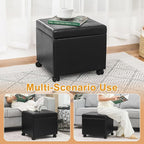 Homebeez Leather Storage Ottoman with Steerable Rolling Wheels, 17.9" Square Small Foot Rest Stool Tufted Cube Footstool with Hinged Lid, Load 300 lb, for Living Room, Bedroom, Entryway, Black