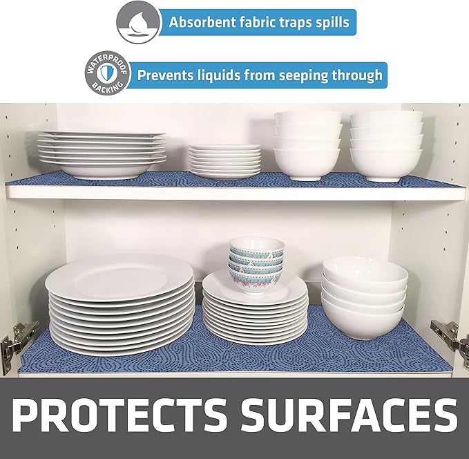 Drymate Premium Luxury Shelf & Drawer Liner, Thick Cushioned Fabric, Non-Adhesive, Absorbent, Waterproof, Slip-Resistant, Liners for Kitchen Cabinets, Cupboards (USA Made)(12”x59”)(24-Pack)(Blue)