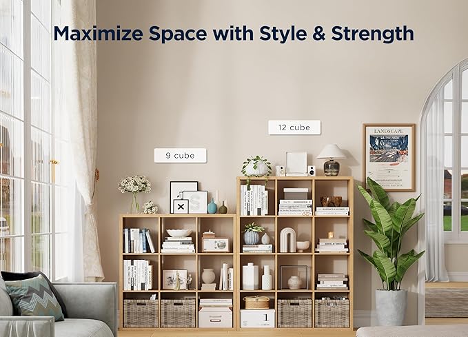 Jpiziso 12-Cube Storage Organizer, Wooden Cube Shelf Bookcase with Reinforced Thick Shelves, Heavy-Duty 36.93" L x 9.37" W x 48.82" H, for Living Room Bedroom Home Office, Natural-Oak