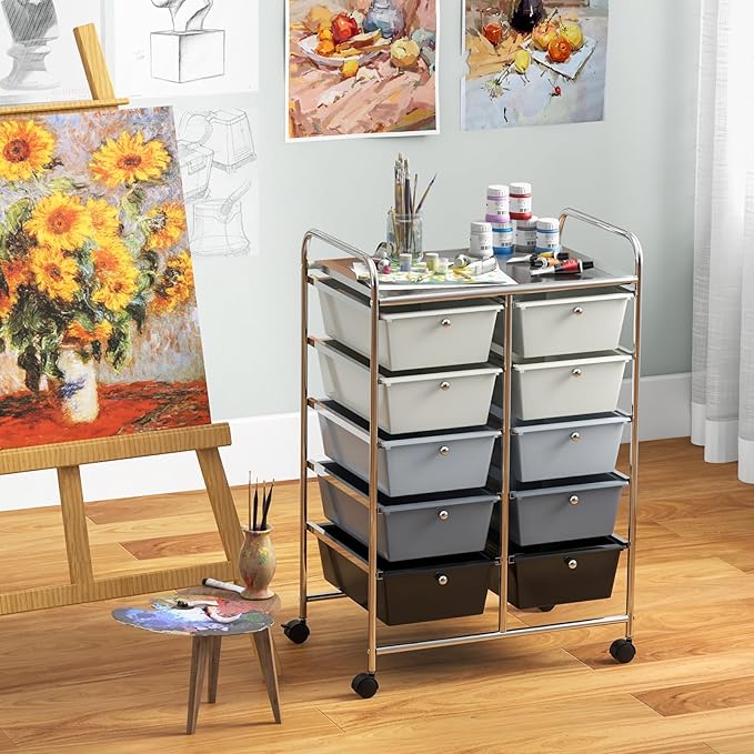 GLACER 10 Drawer Rolling Cart, Storage Cart with Lockable Whieels & Metal Frame, Trolley for Art Craft Oganizer, Mobile Utility Cart for Office, School, Classroom, Kitchen (Gray Gradient)
