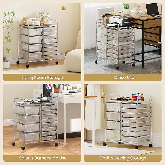 Giantex 12 Drawer Rolling Cart with Drawers, Storage Organizer Cart for Classroom Office School Teacher, Mobile Drawer Cart for Tools, Crafts, Small Printer, Clear