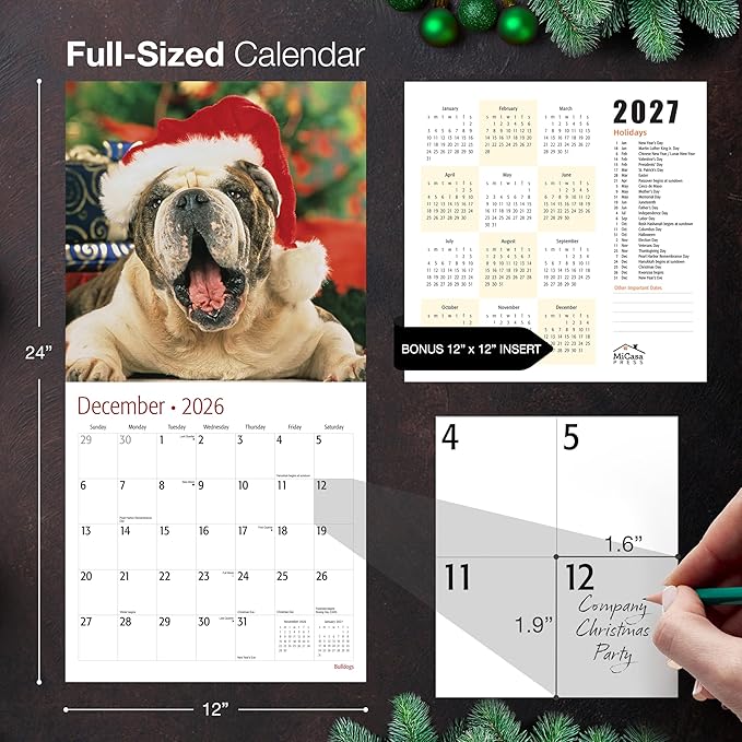MICASA PRESS Bulldogs 2026 Wall Calendar 12 Month | 12" x 24" Open | Thick & Sturdy Paper | Holiday Gift | Cute Puppy Dog Calendar 2026