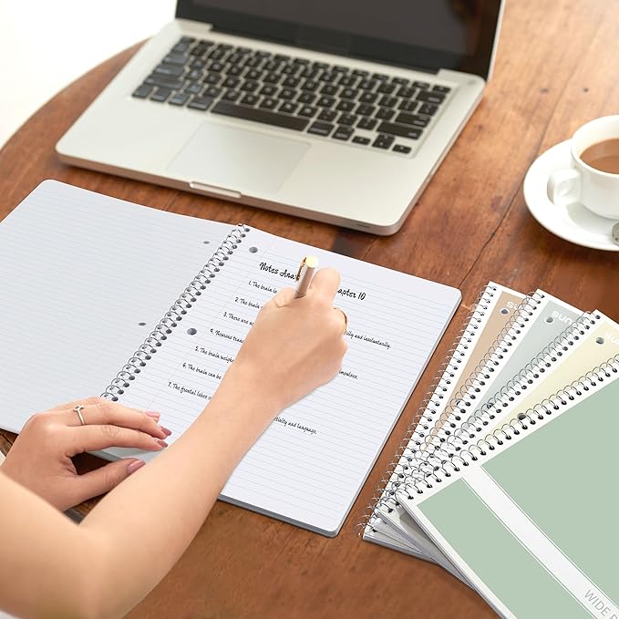 SUNEE Spiral Notebooks Wide Ruled, 1-Subject, 4 Pack, 8 x 10-1/2 inch, 70 Sheets, 3-Hole Punched 70gsm Paper, Green, Grey, Beige, Red for Work, Home & School, Writing Journal