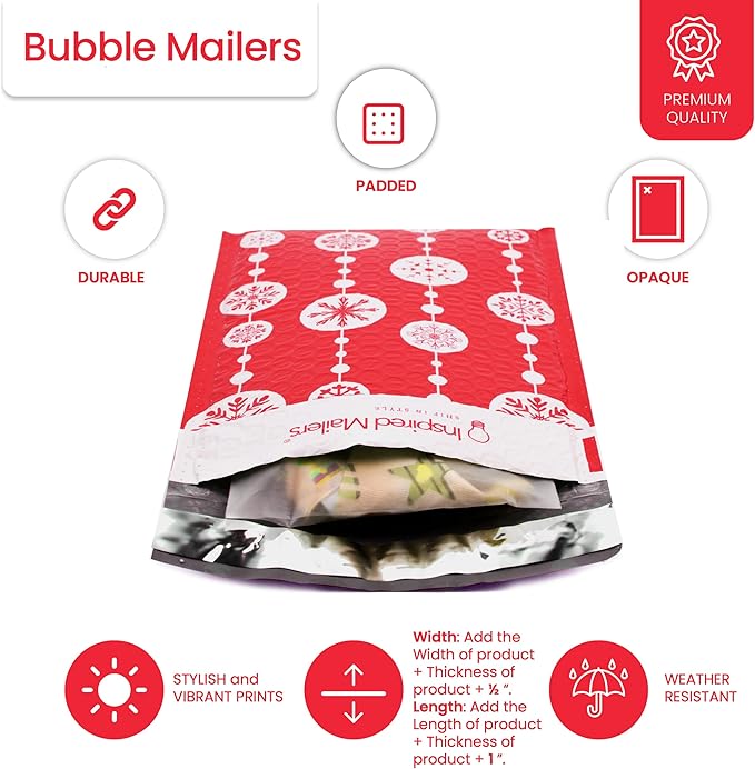 Bubble Mailers 6x9" - Red Snowflake Baubles with Writable Area - 25 Pack - Holiday Poly Padded Envelopes and Bubble Shipping Mailers