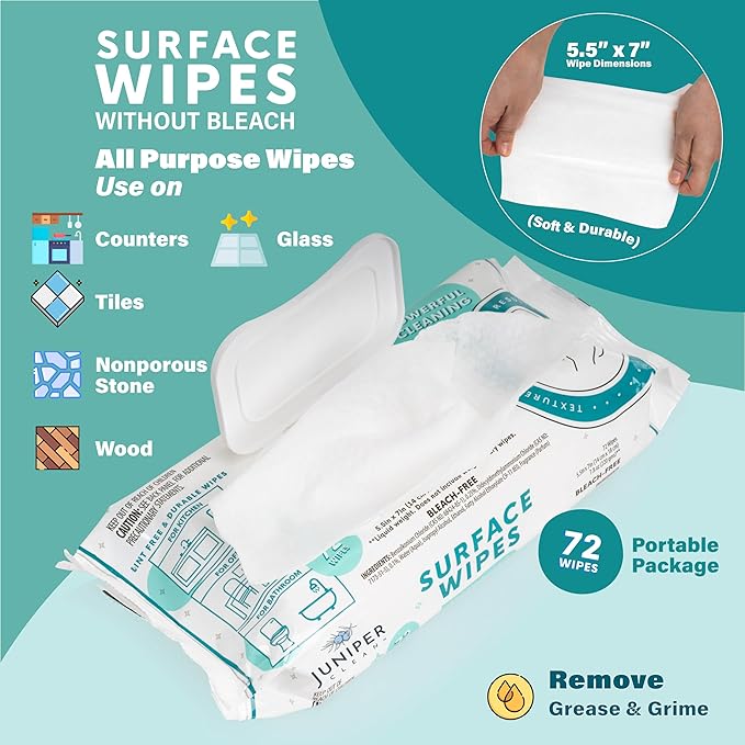 Juniper CLEAN 1 Pack Surface Cleaning Wipes Bleach Free, All-Purpose Cleaner for Bathroom, Kitchen, Office, 72 Count Soft Flow, Fresh Scent, Lint Free & Durable